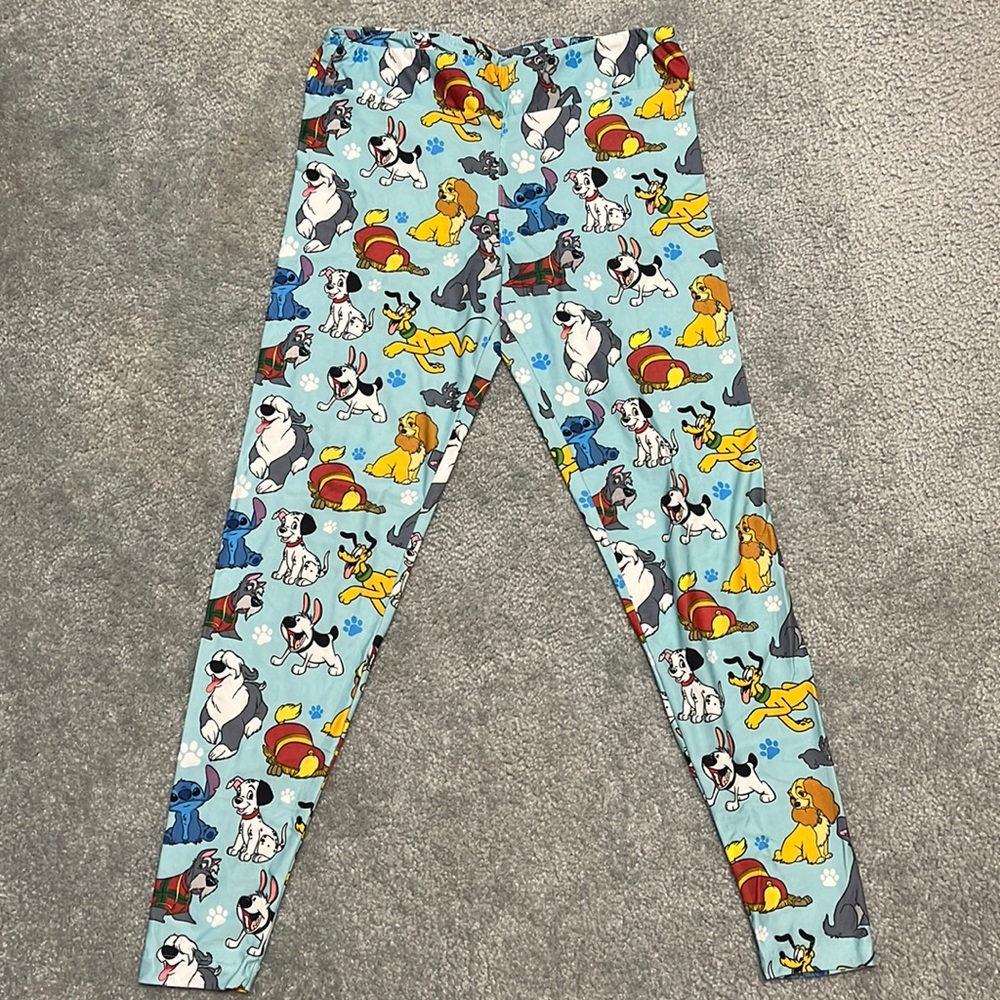Adult Medium Disney Dog Leggings, Blue Leggings with all Disney Dogs from Movies